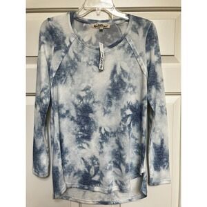 WallFlower Womens Tie Dye Raglan Long Sleeve Top Blue White Crew Neck Size M NEW